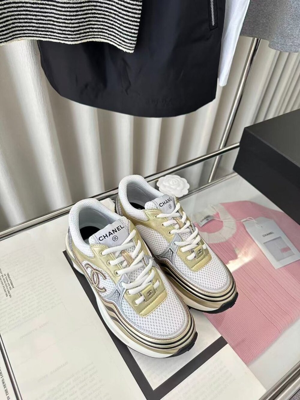 🎗️Chanel Mesh and Gold Calfskin Chunky Dad Sneakers - Picture 2 of 4